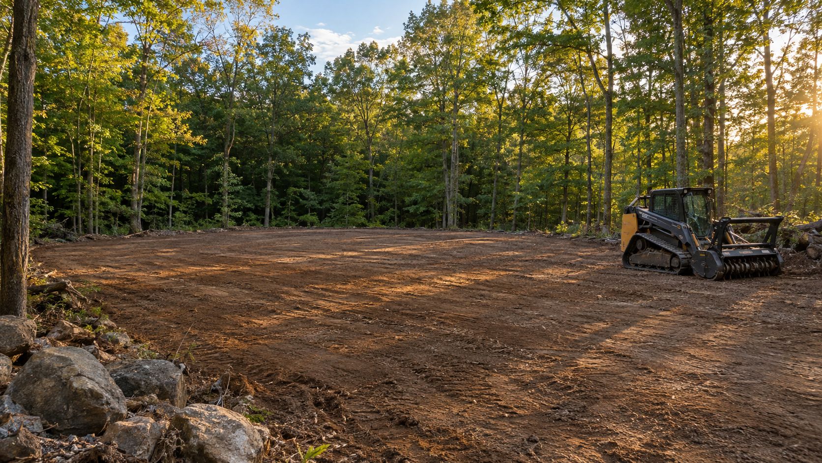 Wooded lot cleared of brush and graded, with mature trees left around the edges