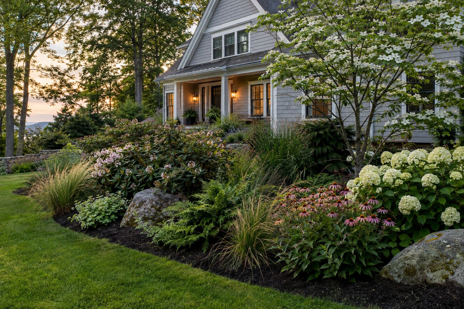 Custom front landscape with hydrangeas, native grasses, ferns, and fieldstone beside a gray shingle home