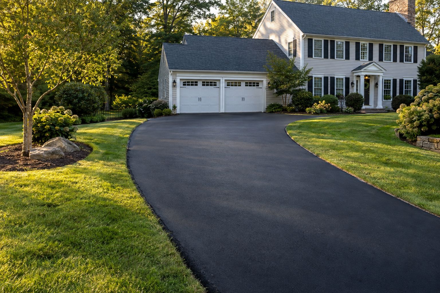 Freshly resurfaced black asphalt driveway curving up to a two-car garage