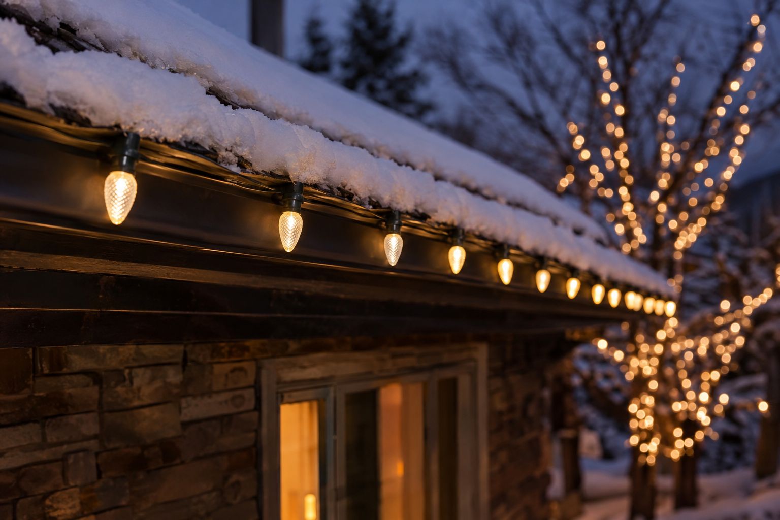 Evenly spaced warm white C9 bulbs clipped along a snowy roofline