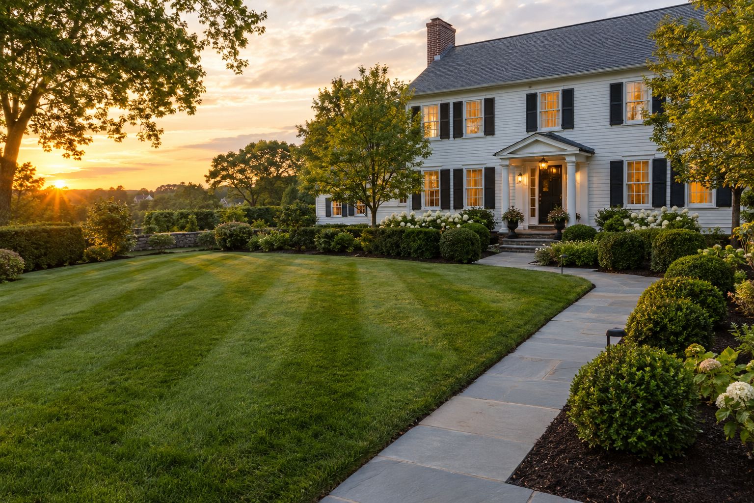 Freshly mowed striped lawn with crisp edges, pruned shrubs, and a white colonial home at sunset