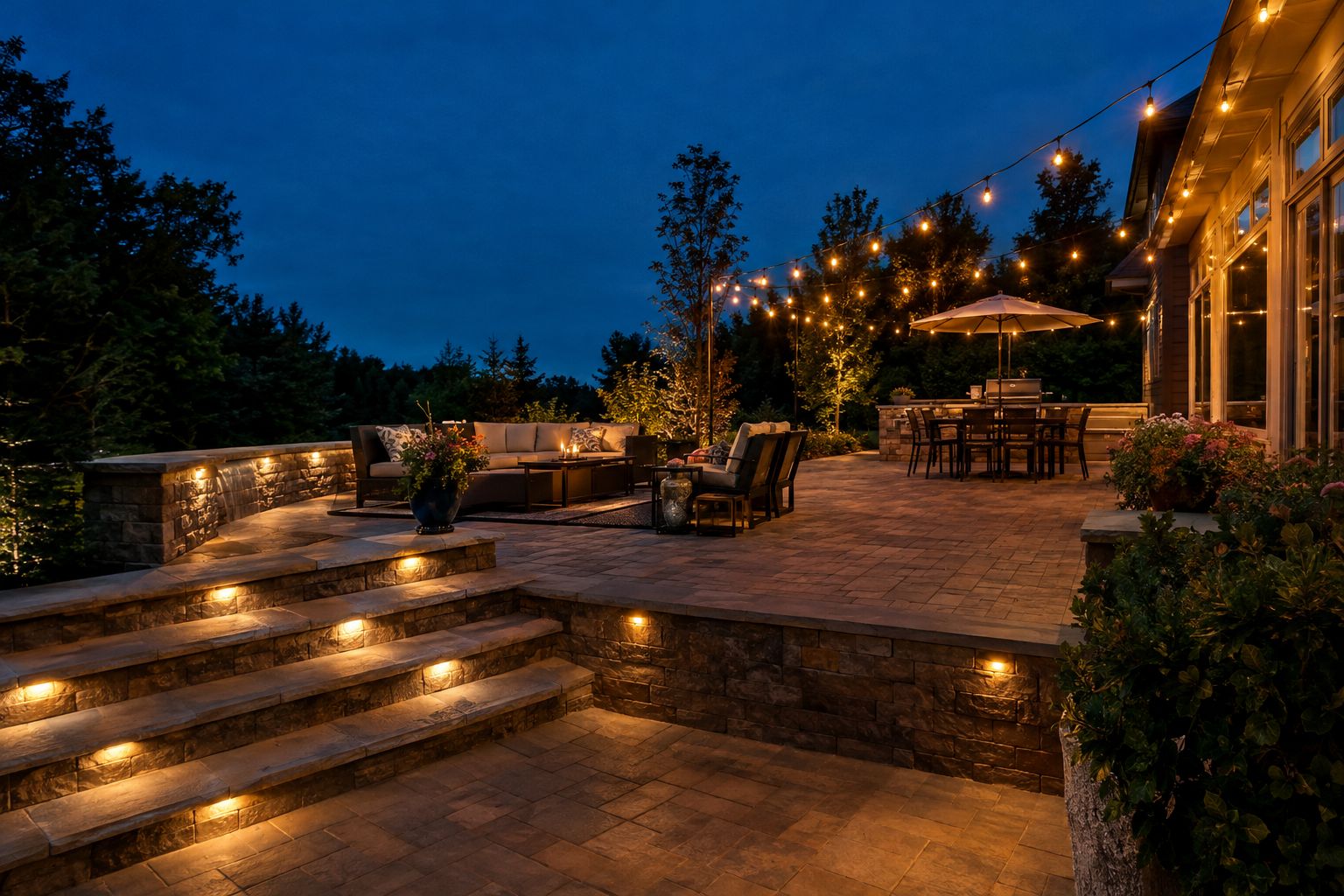 Patio with low-voltage step lights and overhead string lights