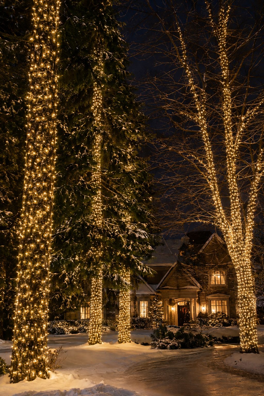 Tall trees wrapped in thousands of warm white mini lights in front of a home at night