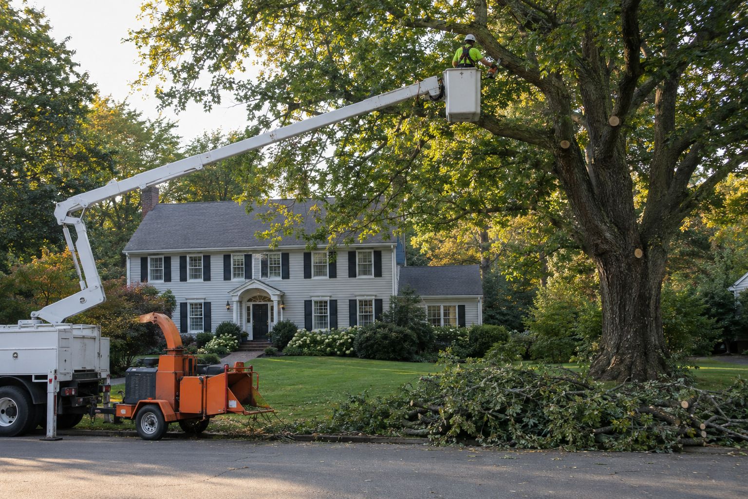 Bucket lift pruning a large oak tree in front of a colonial home, with cut branches stacked by a chipper